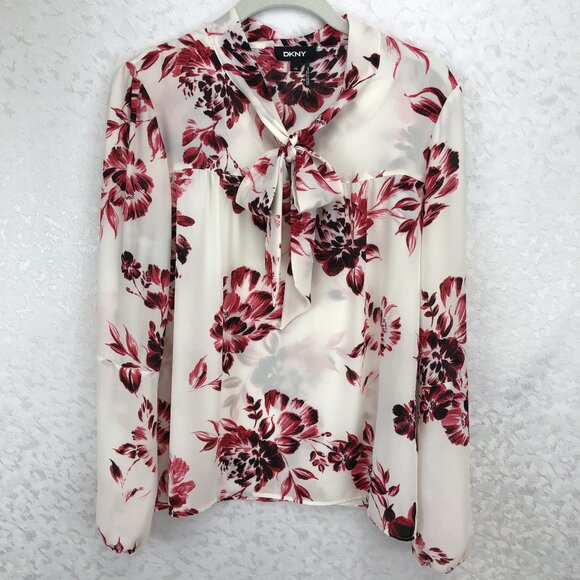 DKNY Floral Cream & Pink Long Sleeve Sheer Bow Tie Front Pullover Blouse Size PM - Picture 1 of 13